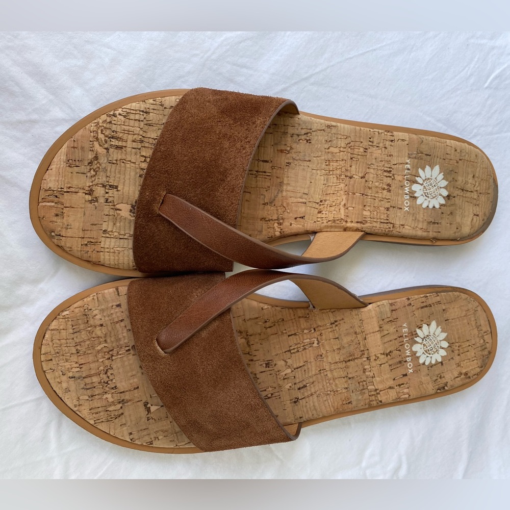 Women’s Yellow Box size 8 Faux Suede slides / flip flops